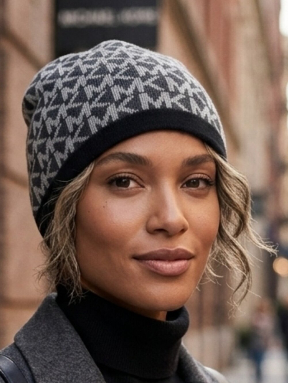 Michael Kors Black & Gray Geometric Knit Beanie OS